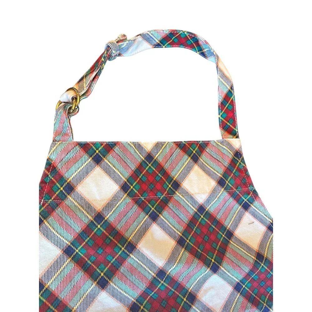 Talbots Adjustable Apron Red‎ Green Plaid 100% Cotton Kitchen Cooking Baking